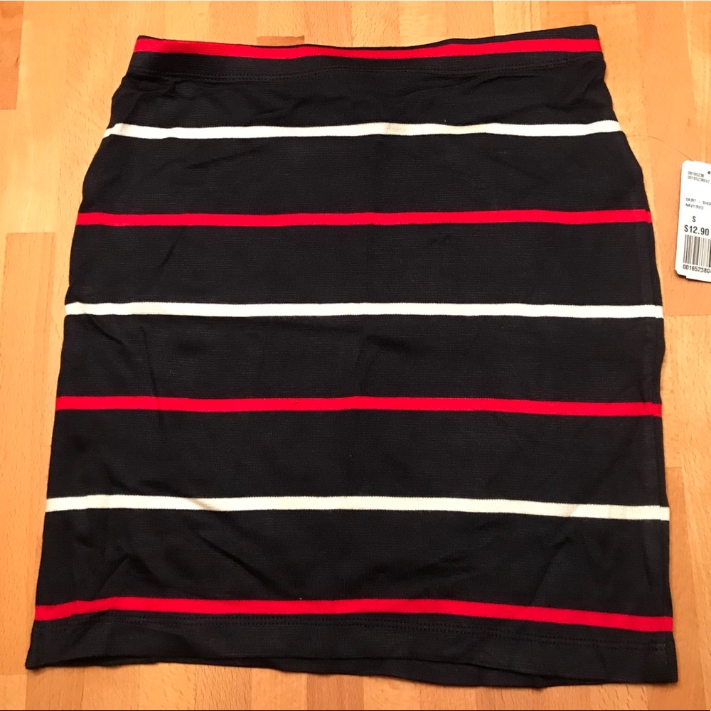 Stretchy navy mini skirt with red & white stripes.